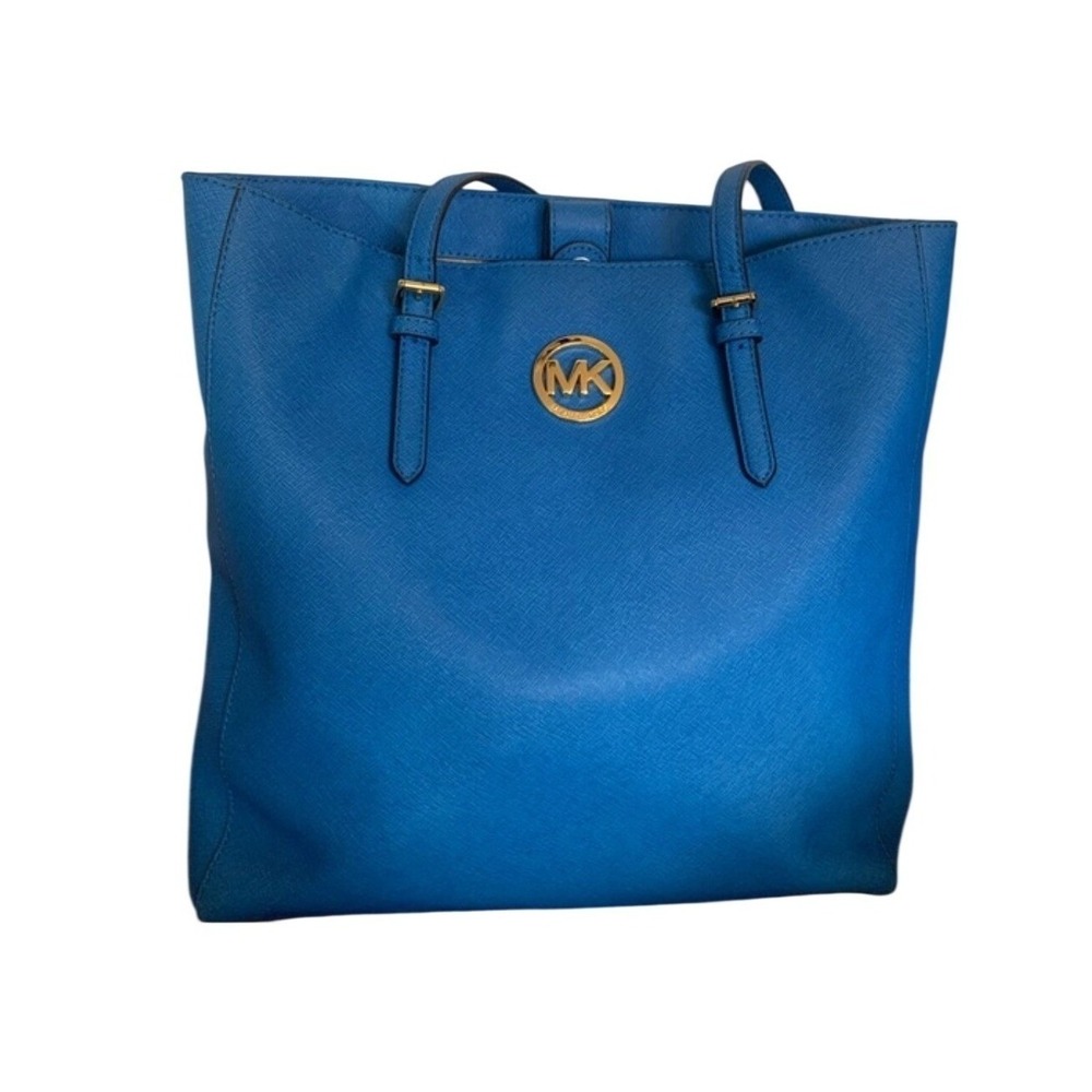Michael Kors Jet Set Travel Tote Blue Saffiano Leather Gold Hardware Handbag